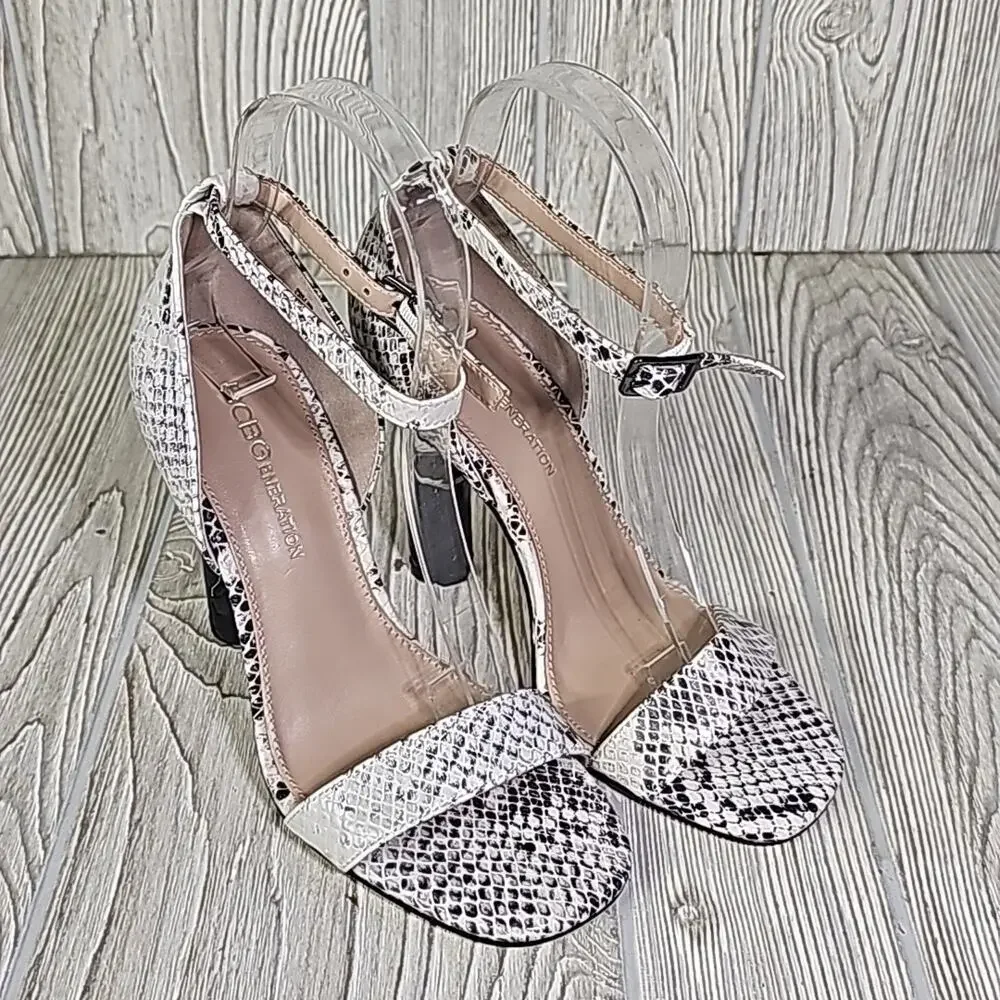 BCBGeneration Lexana Snakeprint Leather Ankle Strap Heeled Sandals Womens 5 NEW
